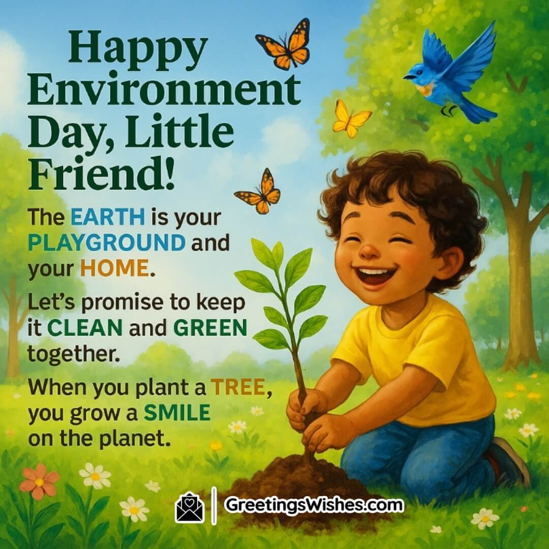 Children’s Environment Day Image featuring a joyful child planting a tree, symbolizing love for nature, hope, and a promise to protect the planet.