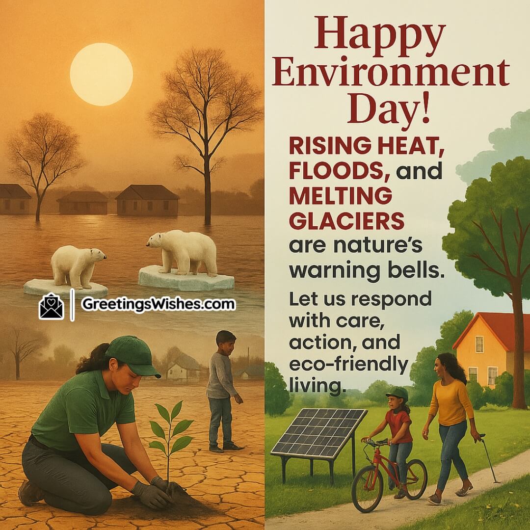 Climate Change Awareness Messages For Environment Day featuring a bright meadow, flowing stream, and fluttering birds, symbolizing nature’s harmony and gentle call for protection.