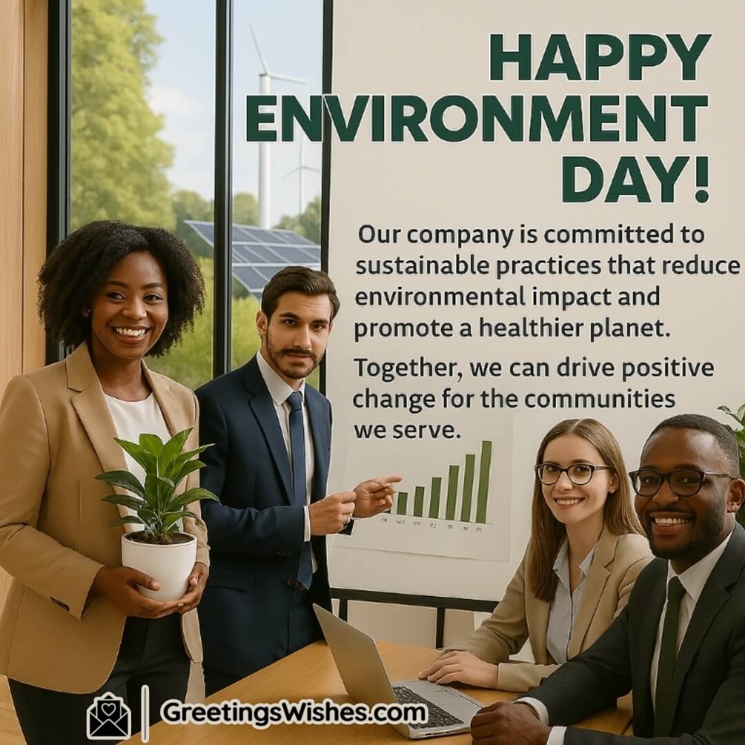 Corporate Messages For Environment Day Image featuring a diverse corporate team in a green-focused office, symbolizing unity, innovation, and commitment to sustainability.