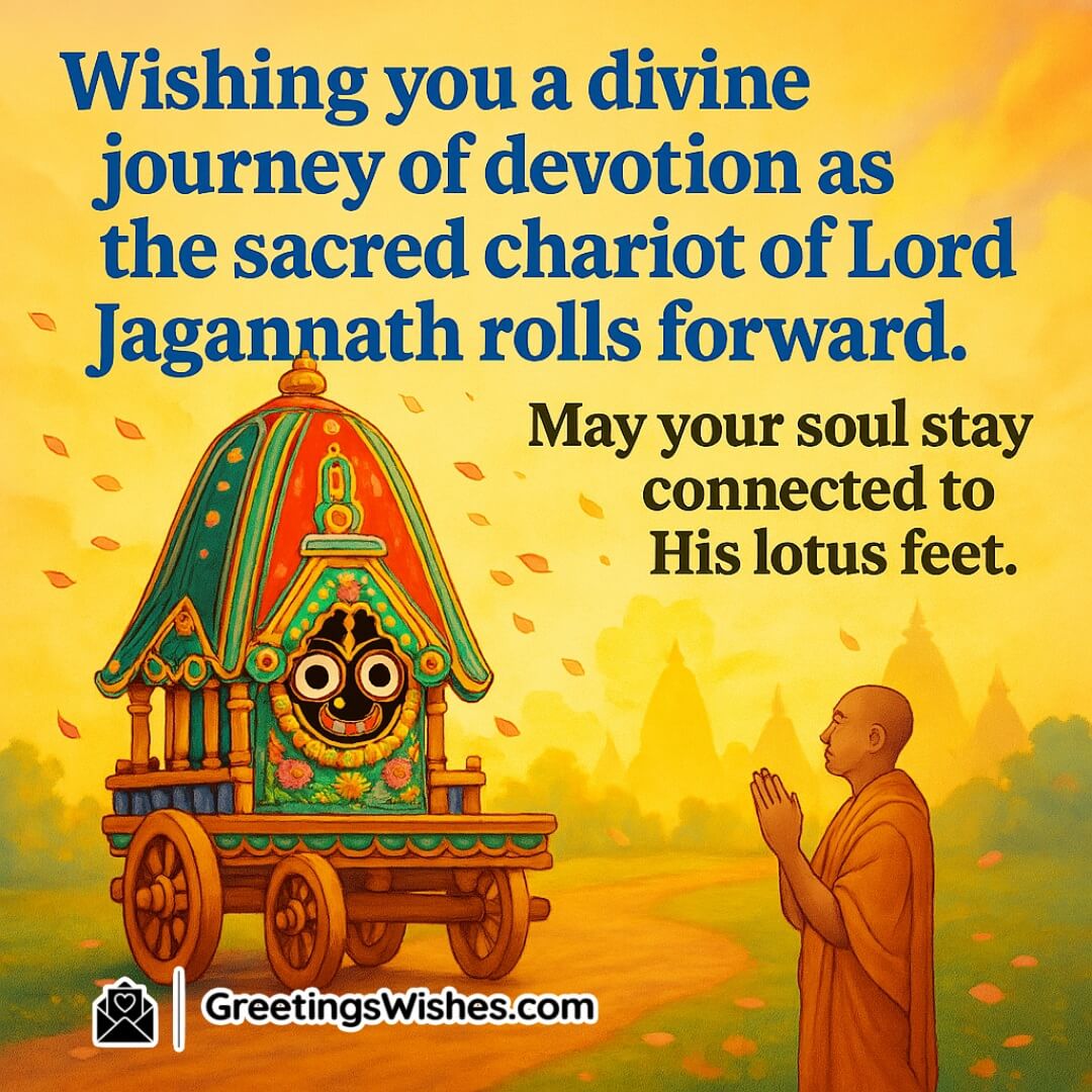 Devotional Jagannath Rath Yatra Wishes with A peaceful scene of Lord Jagannath’s chariot rolling forward with a lone devotee, reflecting spiritual connection and inner devotion.