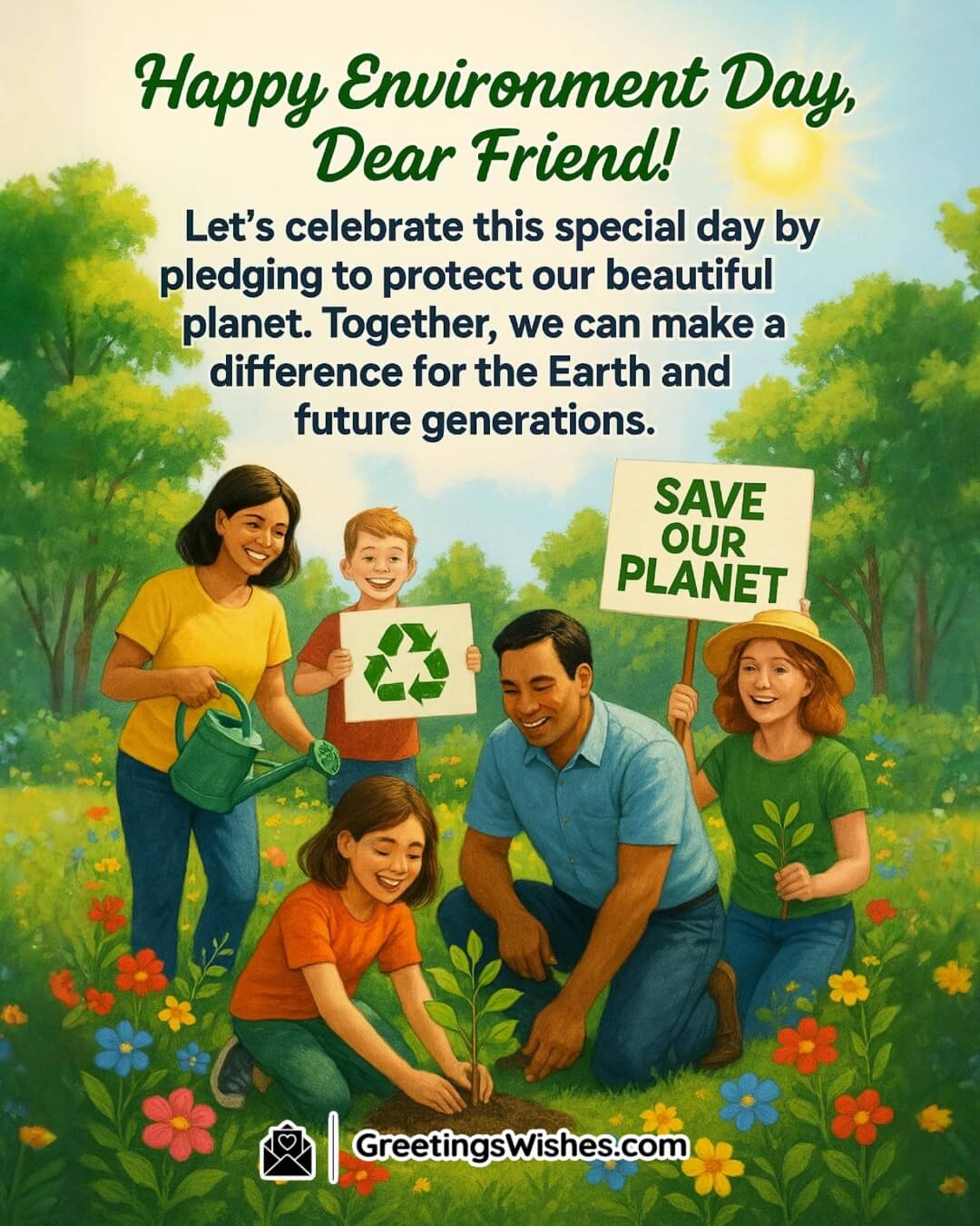 Environment Day Greetings For Friends And Family featuring smiling families planting trees and caring for nature in a bright garden, symbolizing collective action for a greener future.