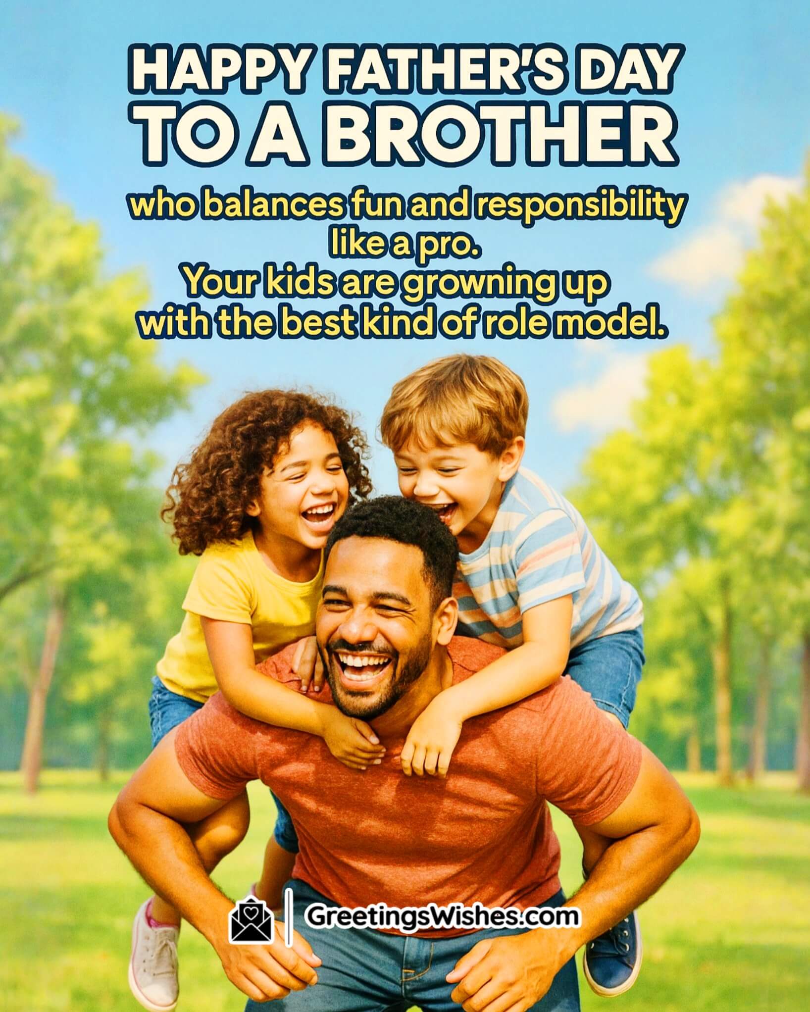Father’s Day with cheerful dad and kids playing in a sunlit scene — Symbolizing a brother’s balance of fun, guidance, and fatherly strength.