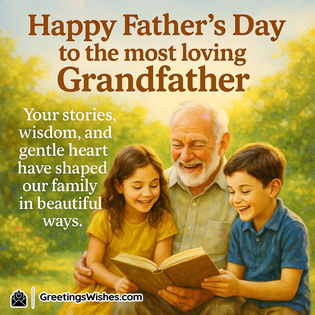 Father’s Day with smiling grandfather and grandchildren in warm natural setting — Symbolizing wisdom, love, and legacy in the family.