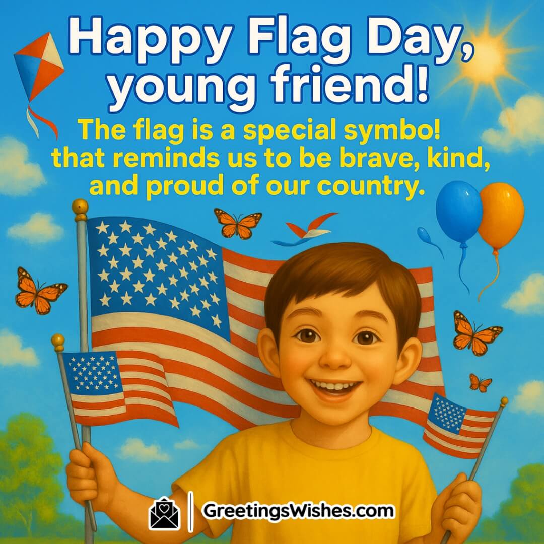 Flag Day with waving U.S. flag, smiling child, and balloons in a bright sky — Symbolizing pride, kindness, and courage for young patriots.