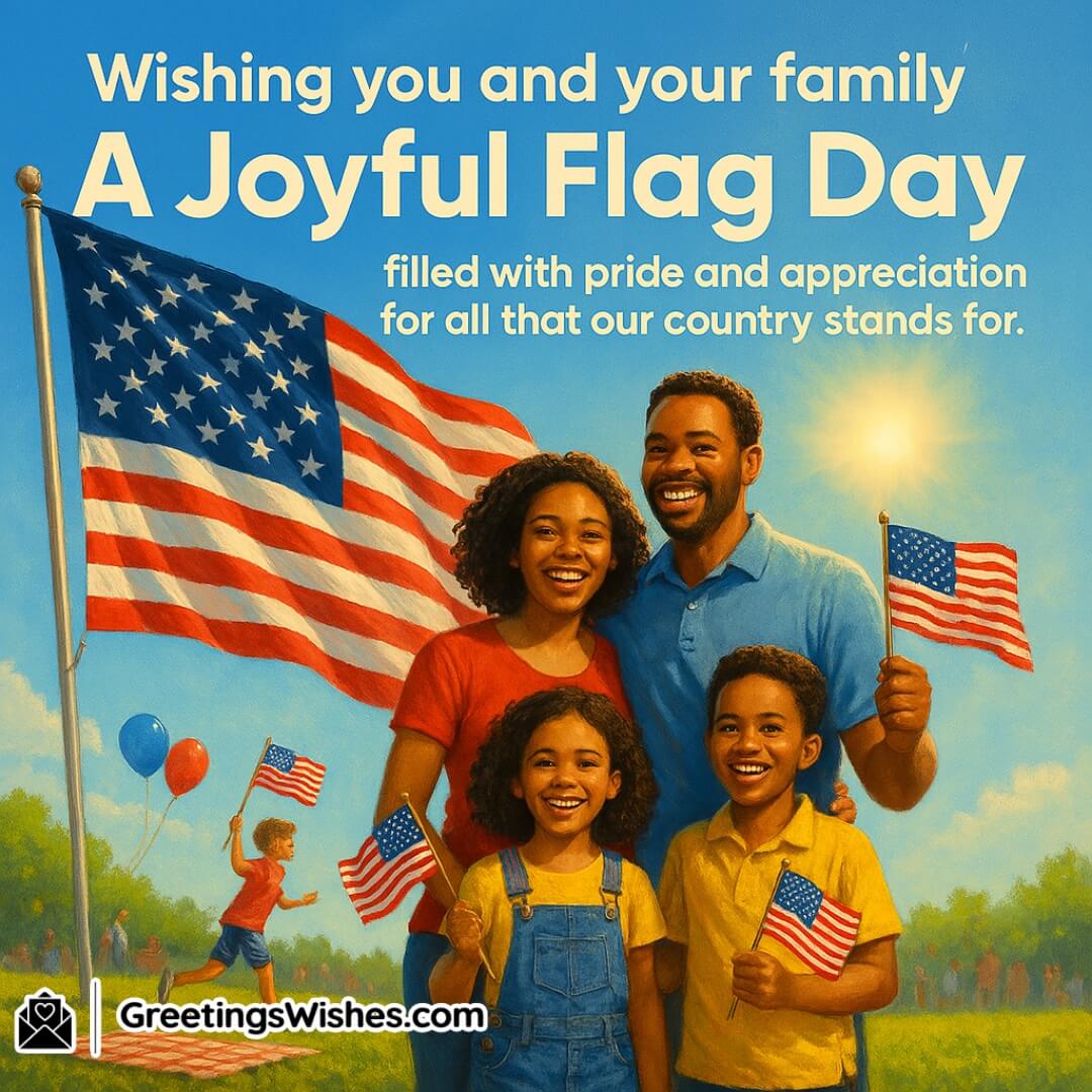 Flag Day with waving U.S. flag, happy family in a park, and bright sky — Symbolizing national pride, unity, and joyful appreciation for country.