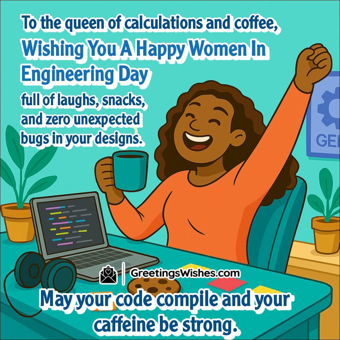 Women in Engineering Day with a cheerful female coder at her desk, coffee in hand and joyful workspace, symbolizing tech brilliance and light-hearted dedication.