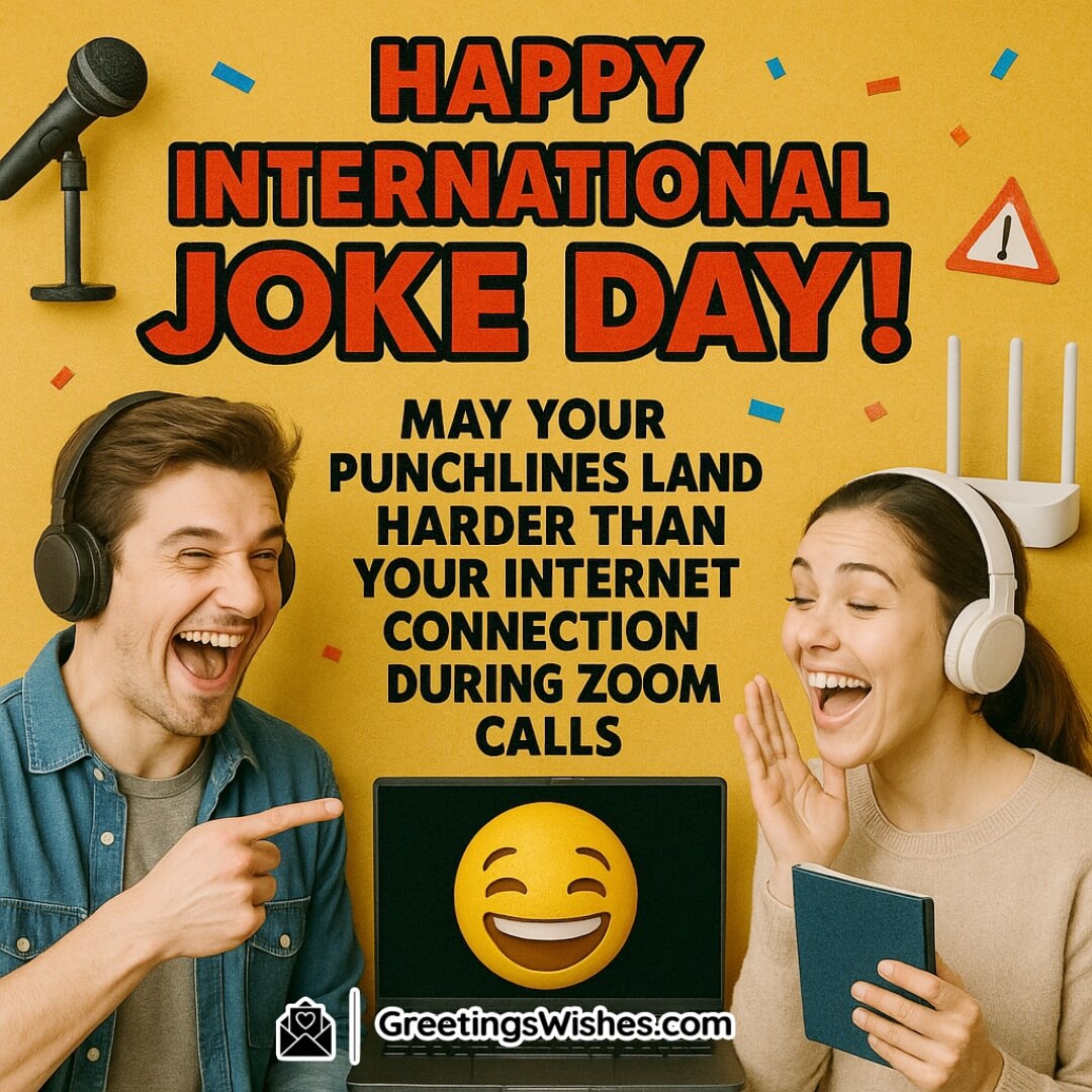 International Joke Day featuring a digital-themed photo of two people laughing with headphones, Zoom visuals, and a Wi-Fi icon, symbolizing tech-related humor and virtual connection.