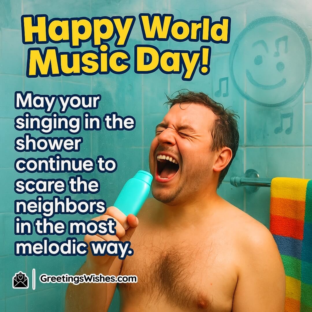 World Music Day with a realistic funny scene of a person singing in the shower symbolizing joy, self-expression, and light-hearted celebration of music.