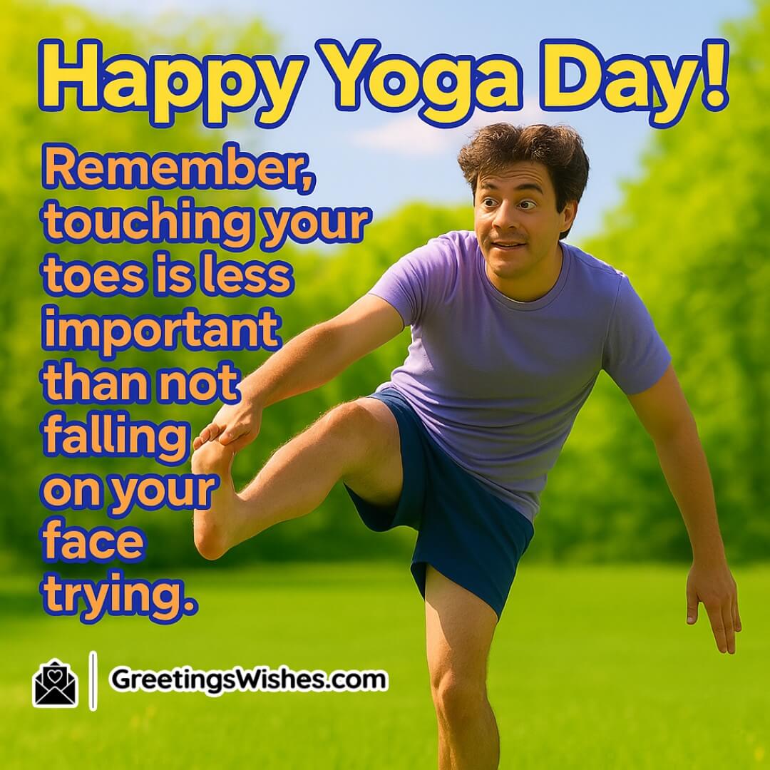 International Yoga Day with a cheerful young adult doing yoga in a sunny park symbolizing balance, joy, and embracing imperfection.