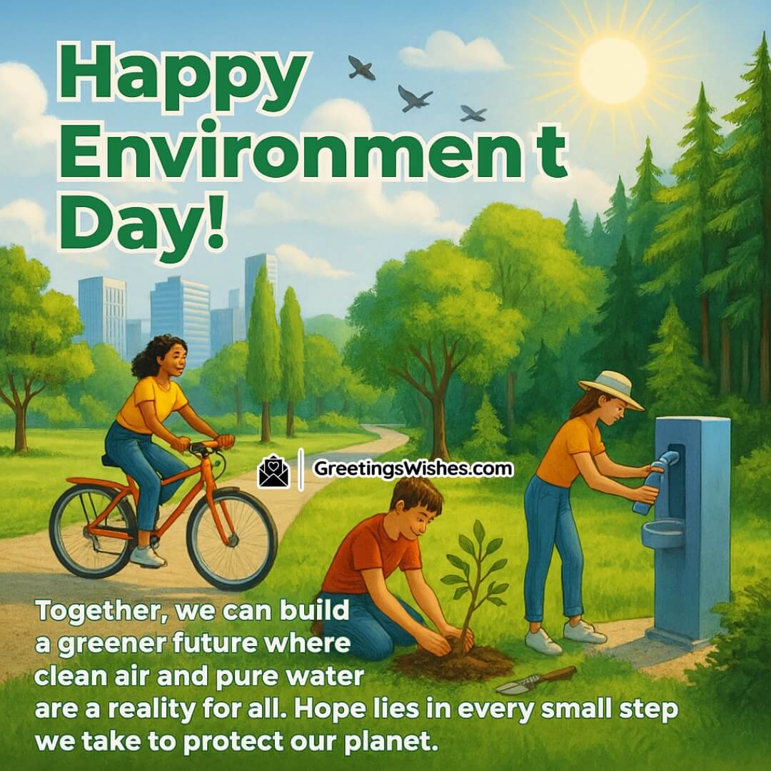 Greener Future Messages On Environment Day featuring people planting trees, cycling, and using clean water stations in a lively park, symbolizing collective steps for a healthier Earth.