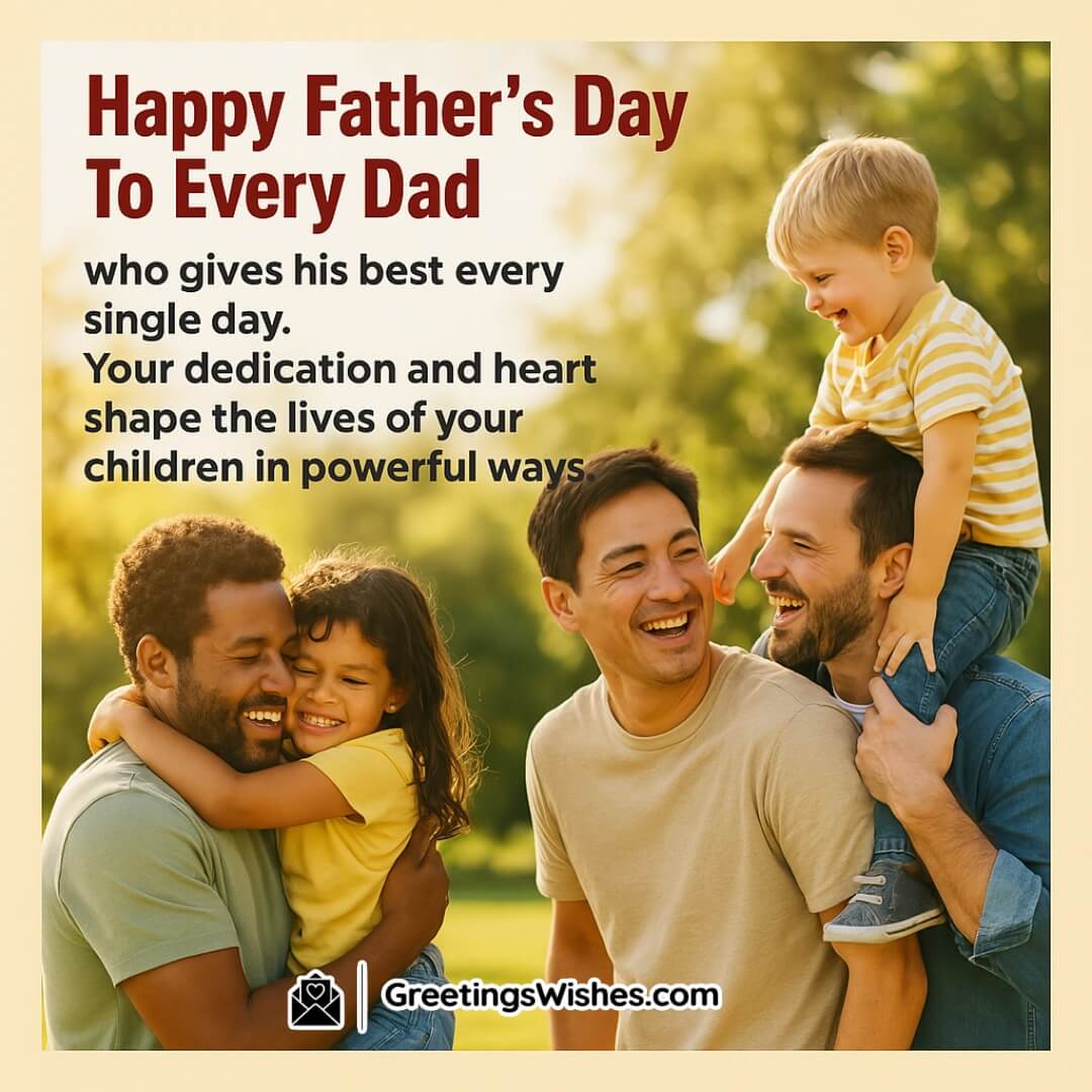 Father’s Day image featuring a joyful moment between fathers and children outdoors, symbolizing the dedication and deep impact of every loving dad.