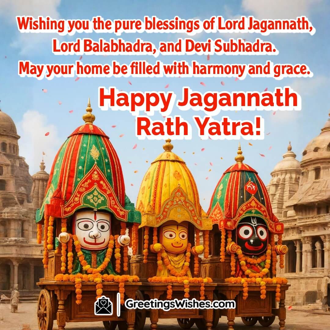 Blessings Jagannath Rath Yatra Image – A cheerful depiction of the divine trio on their chariots, surrounded by floral decor and peaceful devotees.