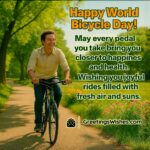 World Bicycle Day image featuring a joyful cyclist riding through a sunlit park path lined with green trees and blooming flowers, symbolizing happiness, health, and the freedom of joyful rides.