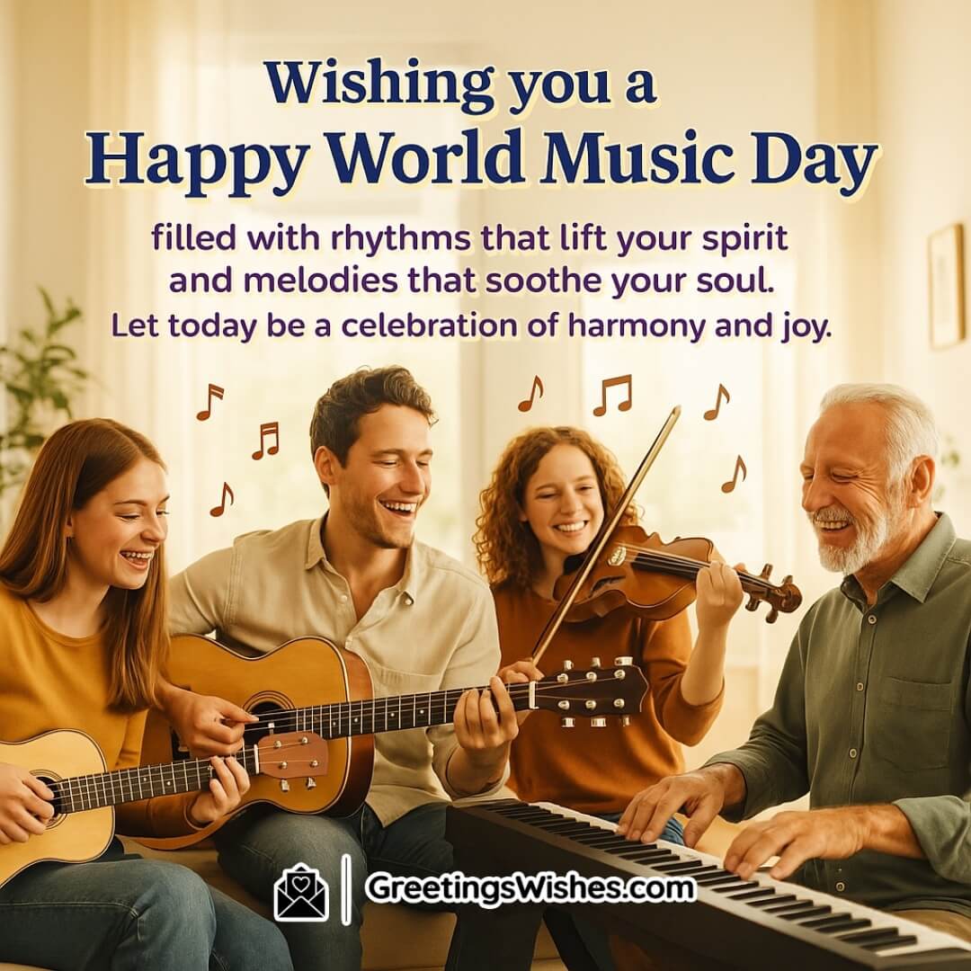 World Music Day square image featuring a vibrant musical scene with instruments and cheerful people, symbolizing the spirit of celebration, harmony, and joyful melodies.