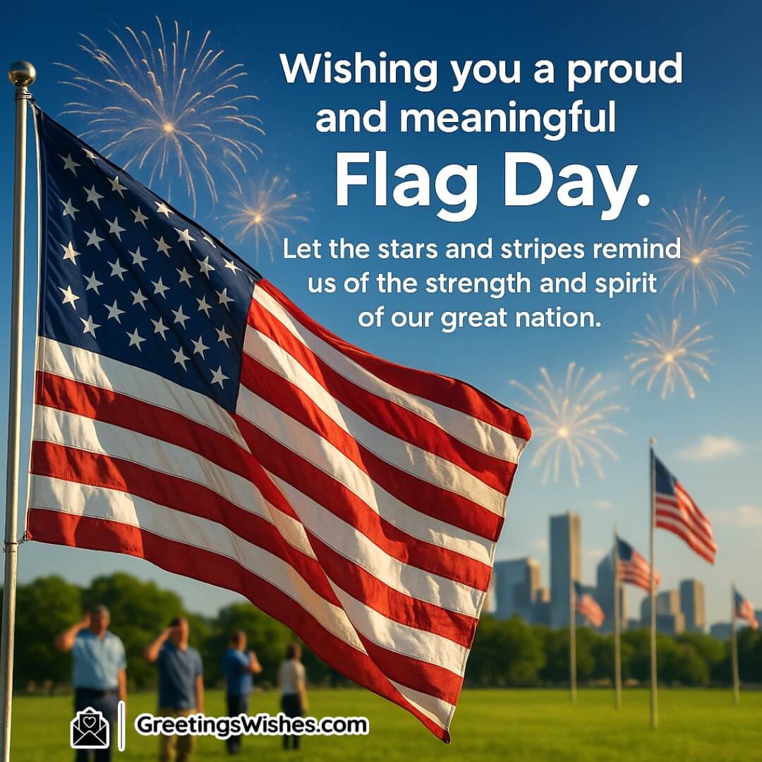 Flag Day with a waving U.S. flag, sunny sky, and fireworks — Symbolizing national pride, unity, and the enduring strength of America.