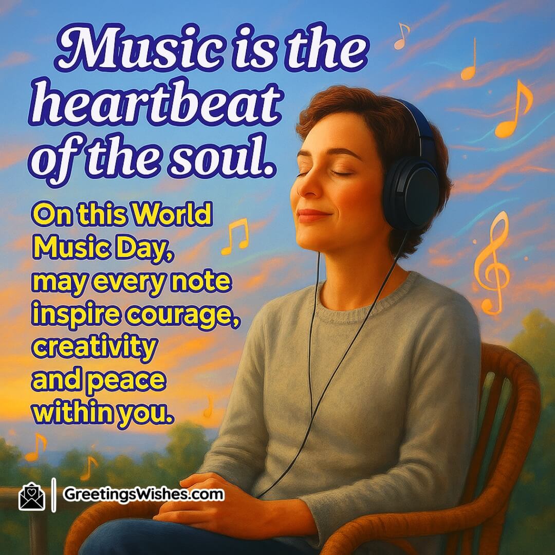 World Music Day with a peaceful person listening to music in a colorful reflective space — symbolizing inspiration, courage, and inner peace.