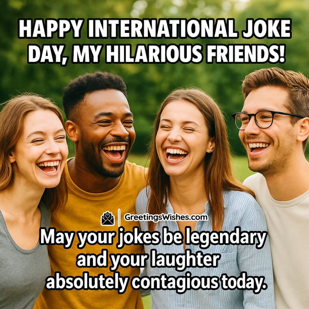 International Joke Day featuring four friends outdoors, sharing laughter and joyful moments, symbolizing friendship, fun, and celebration.