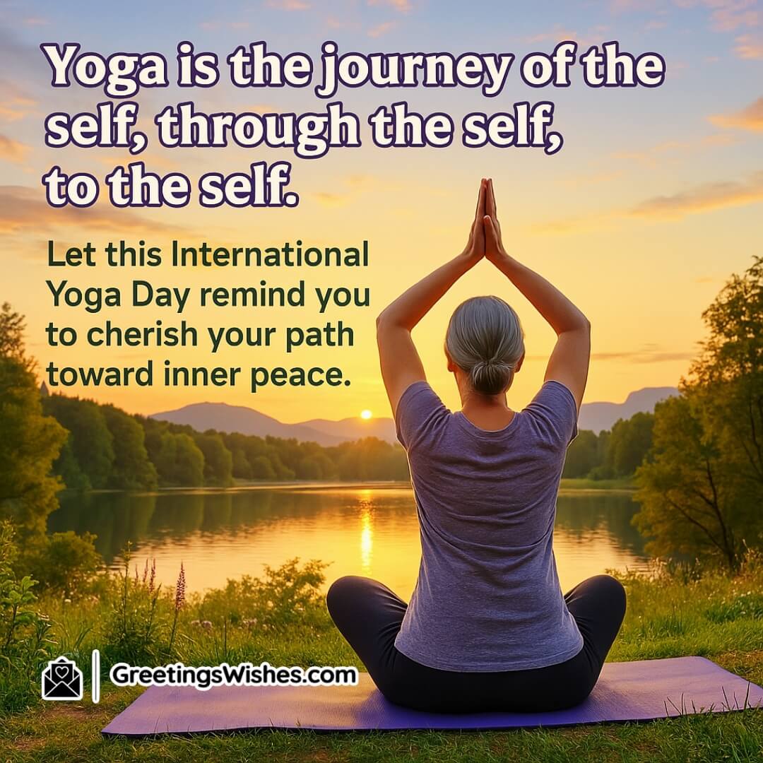 International Yoga Day with a yoga pose in nature — peaceful setting with spiritual energy and quote above — symbolizing self-discovery and inner calm.