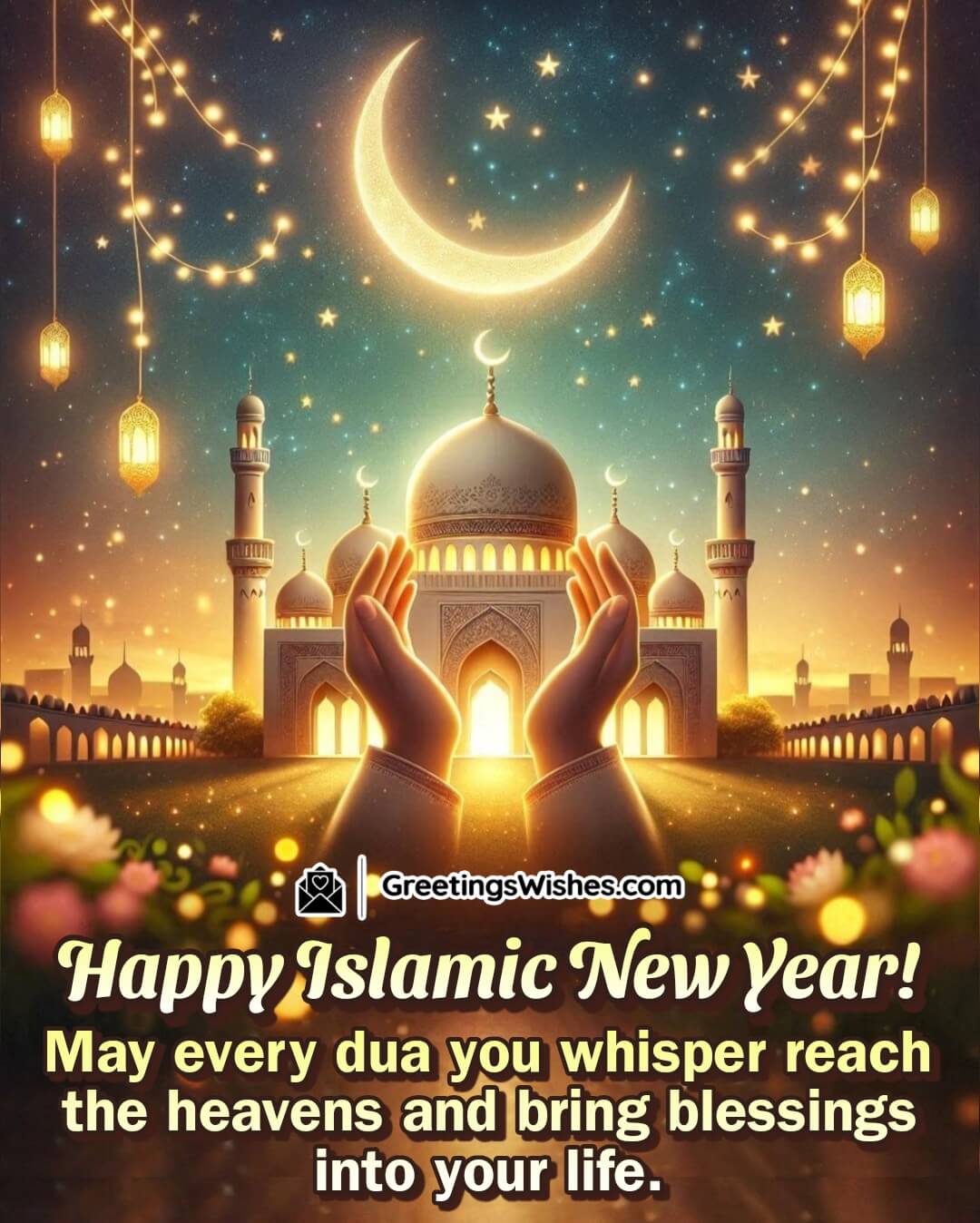 Islamic New Year Dua image with raised hands in prayer under a crescent moon and stars, symbolizing heartfelt duas and heavenly blessings.