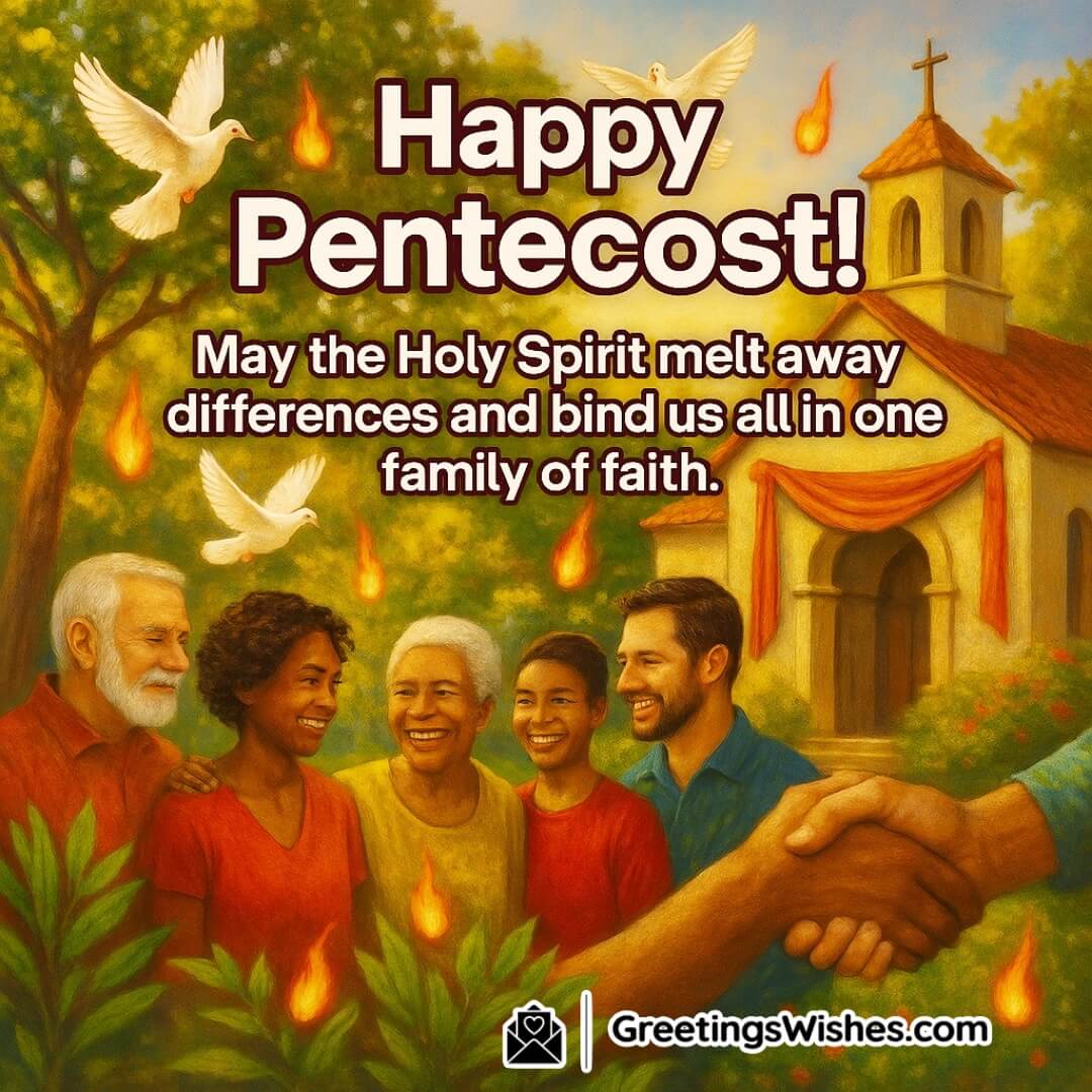 Pentecost with glowing doves, warm flames, and diverse hands joined — Symbolizing unity, faith, and the Holy Spirit’s binding love.