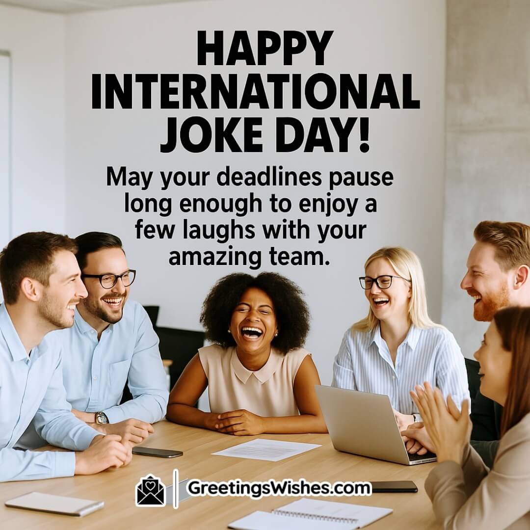 International Joke Day featuring a cheerful office scene with six diverse coworkers laughing together around a conference table, symbolizing joy, collaboration, and team spirit in a professional setting.