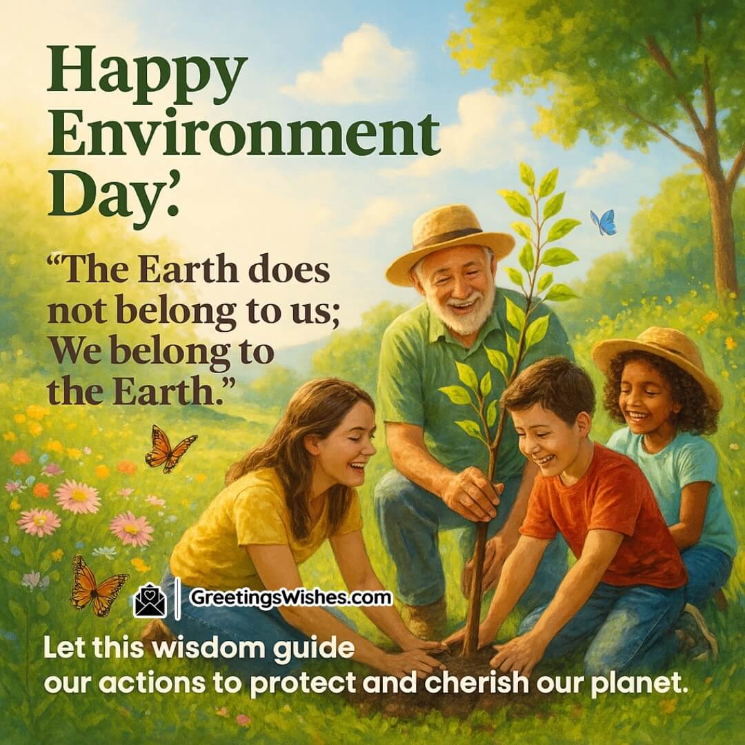 Happy Environment Day featuring joyful people planting trees in a vibrant landscape, symbolizing care, unity, and gratitude toward Earth.