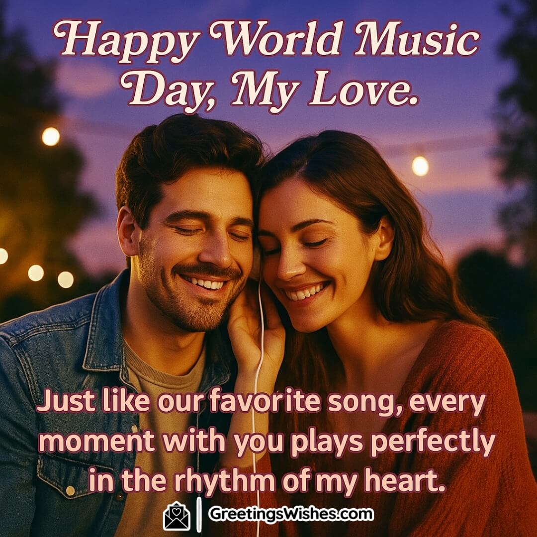 World Music Day with a romantic couple listening to music together at twilight — symbolizing love, harmony, and connection through shared melodies.