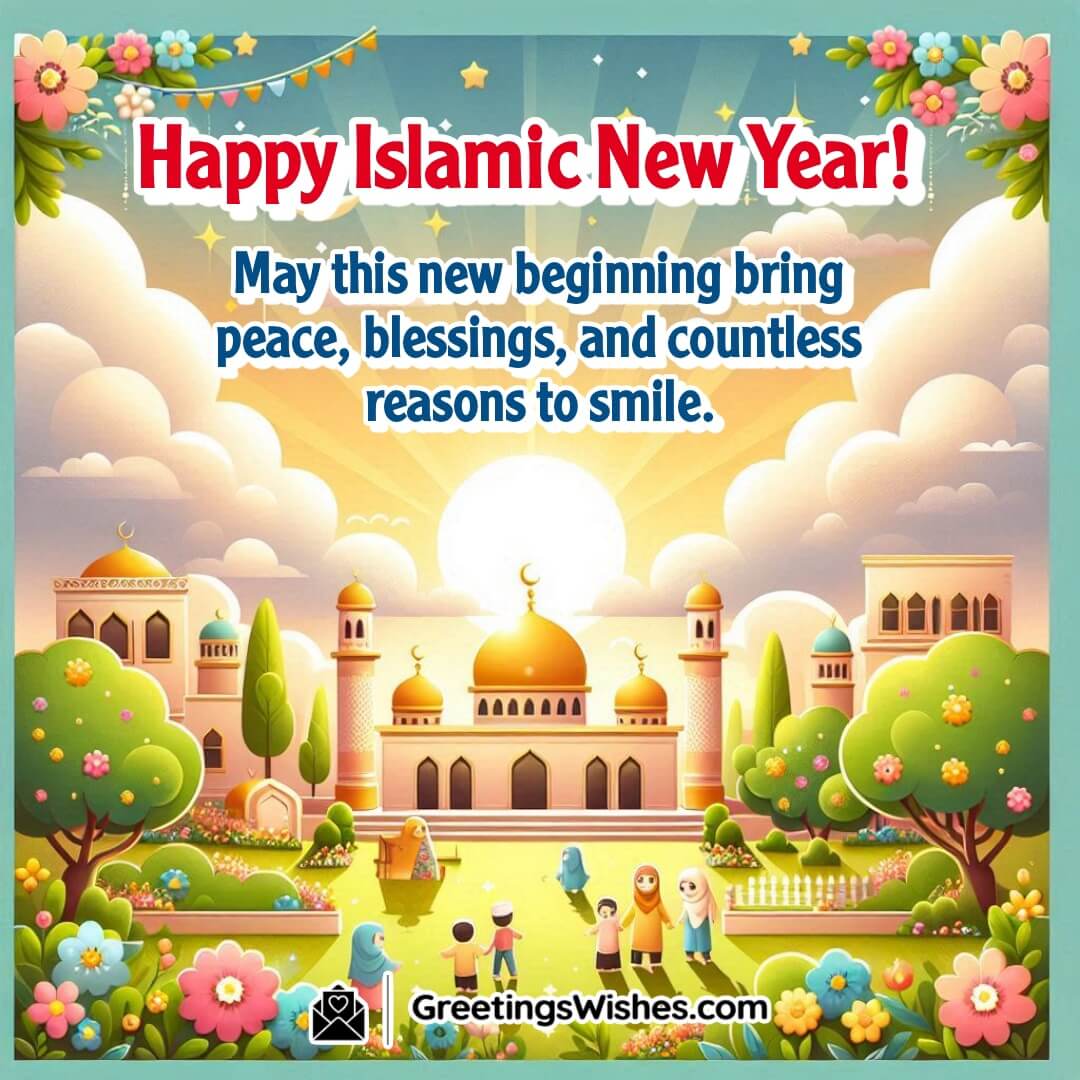 Happy Islamic New Year image with sunrise over a mosque courtyard and joyful faces, symbolizing peace, blessings, and new beginnings.