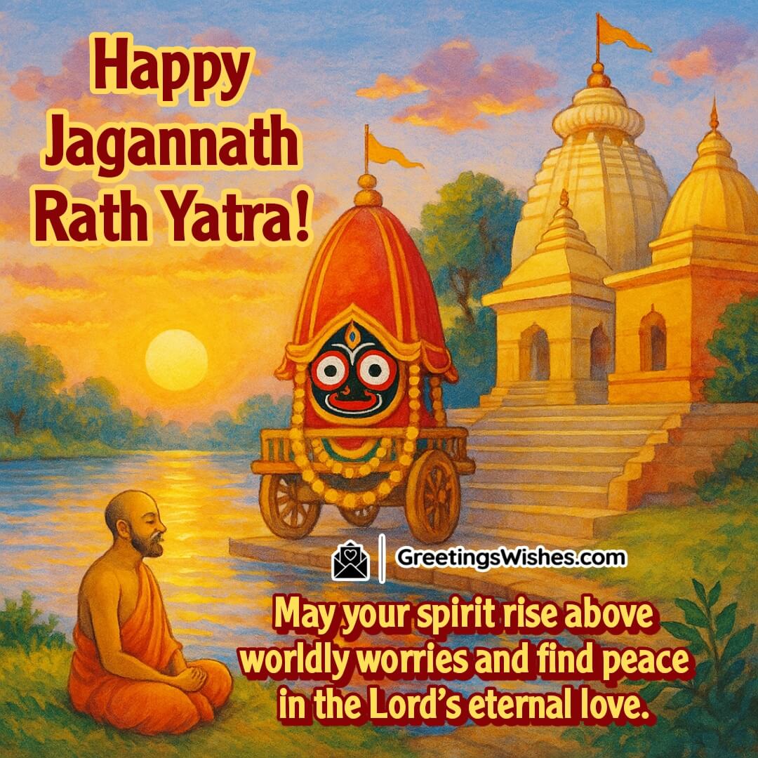 Spiritual Jagannath Rath Yatra Image – A cheerful sunrise scene near a river temple with Rath and meditating devotee, symbolizing peace and divine love.