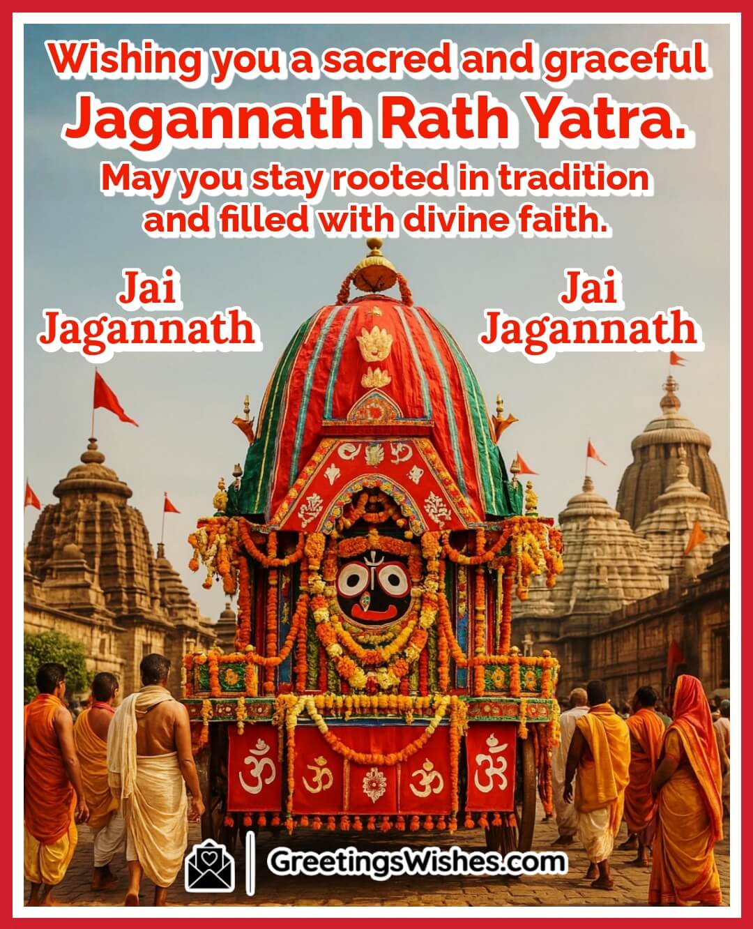 Traditional Jagannath Rath Yatra Image – Symbolizes sacred devotion and cultural heritage through the classic design of the Rath, temple backdrop, and timeless festive elements.
