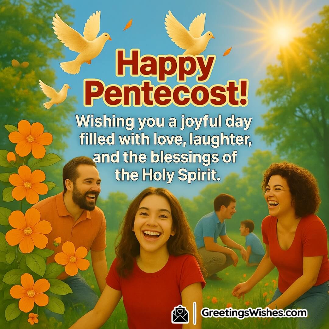 Pentecost with colorful sky, glowing doves, sunlight, and joyful gathering — Symbolizing love, laughter, and the Holy Spirit’s blessings.