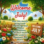 Welcome July Message Image showing a sunny field with blooming flowers and a signboard, symbolizing fresh beginnings, happiness, and peaceful energy.