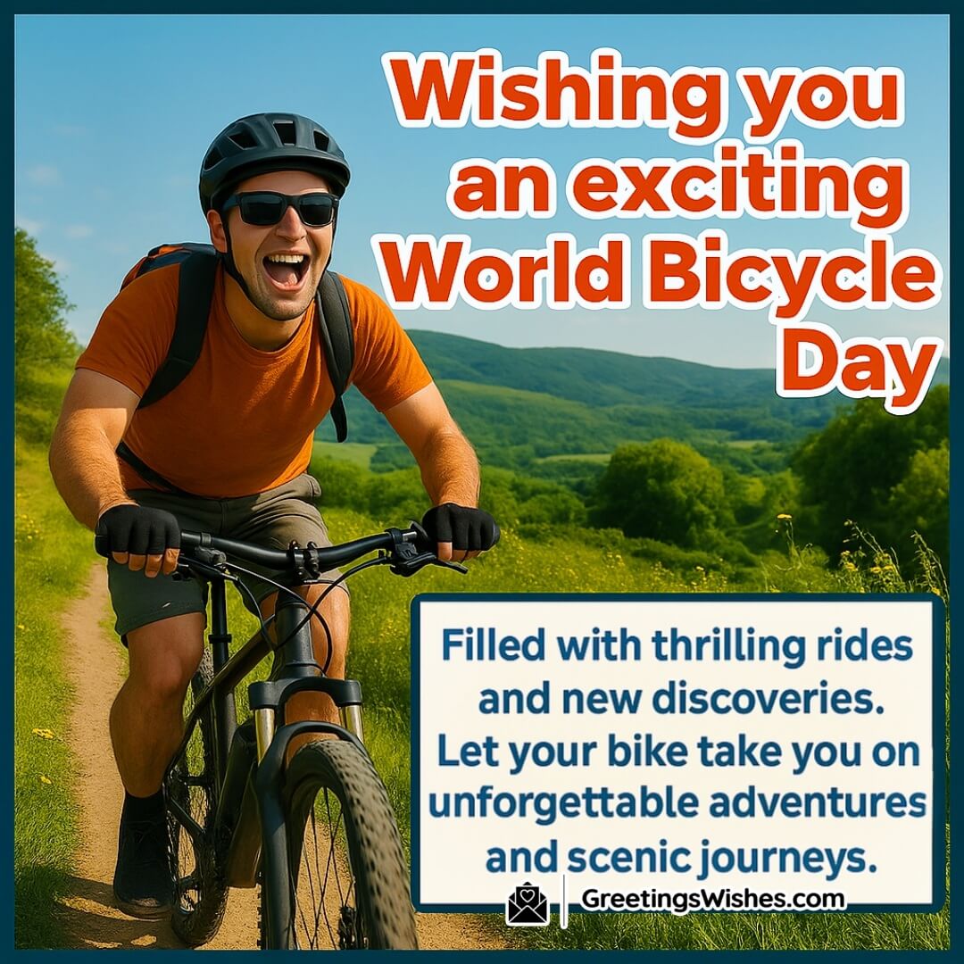 World Bicycle Day Adventure image featuring a cyclist joyfully riding through vibrant scenic trails, symbolizing thrilling rides and adventurous journeys.