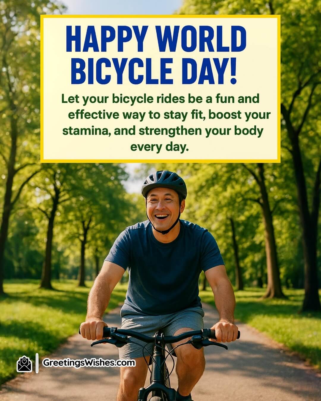 World Bicycle Day Fitness Image featuring a cheerful cyclist riding along a vibrant sunny park path, symbolizing fitness, stamina, and body strength through joyful daily rides.