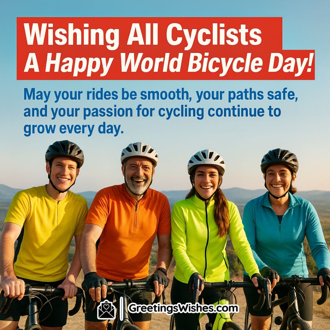 World Bicycle Day Greetings For Cyclists featuring a vibrant group of cyclists at a scenic viewpoint, symbolizing joy, smooth journeys, and passion for cycling.