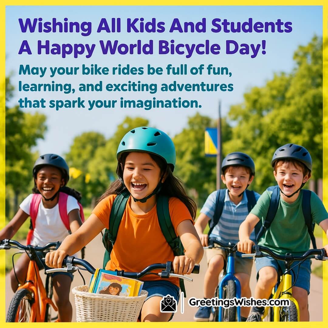 World Bicycle Day Messages For Kids And Students image featuring kids and students joyfully riding colorful bikes on a school trail, symbolizing fun, imagination, and learning through adventure.