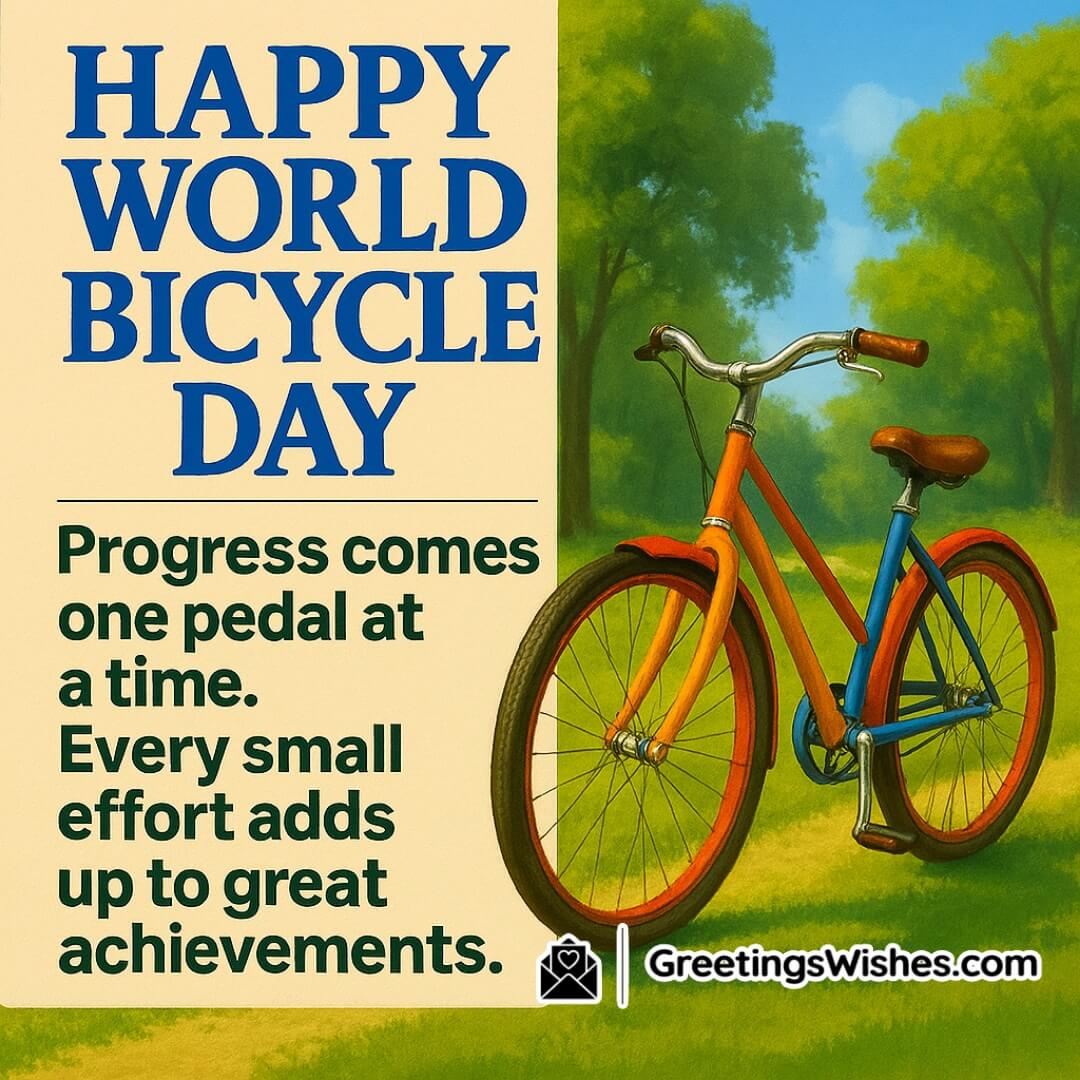 World Bicycle Day Motivational Messages – Symbolizes steady progress, balance, and the power of small efforts through the imagery of a bicycle journey under a bright and hopeful sky.