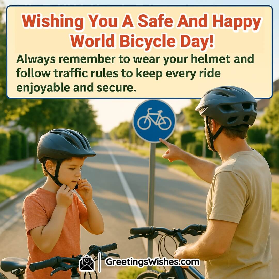 World Bicycle Day Safety Awareness Messages image featuring a child putting on a helmet with a parent nearby pointing at a bike lane sign, symbolizing safety and the message of enjoying secure rides.