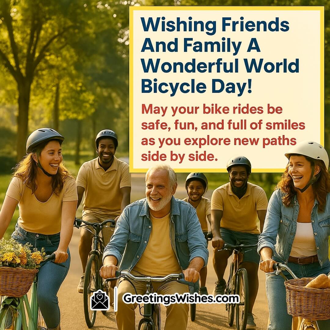 World Bicycle Day Wishes For Friends And Family image featuring friends and family joyfully riding bikes together in a sunny park, symbolizing safe, fun rides and shared exploration.