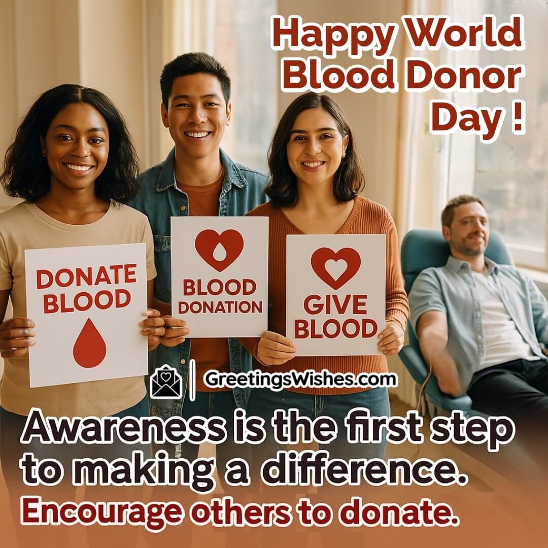 World Blood Donor Day poster featuring diverse volunteers spreading awareness and a donor in the background, symbolizing collective action to save lives.