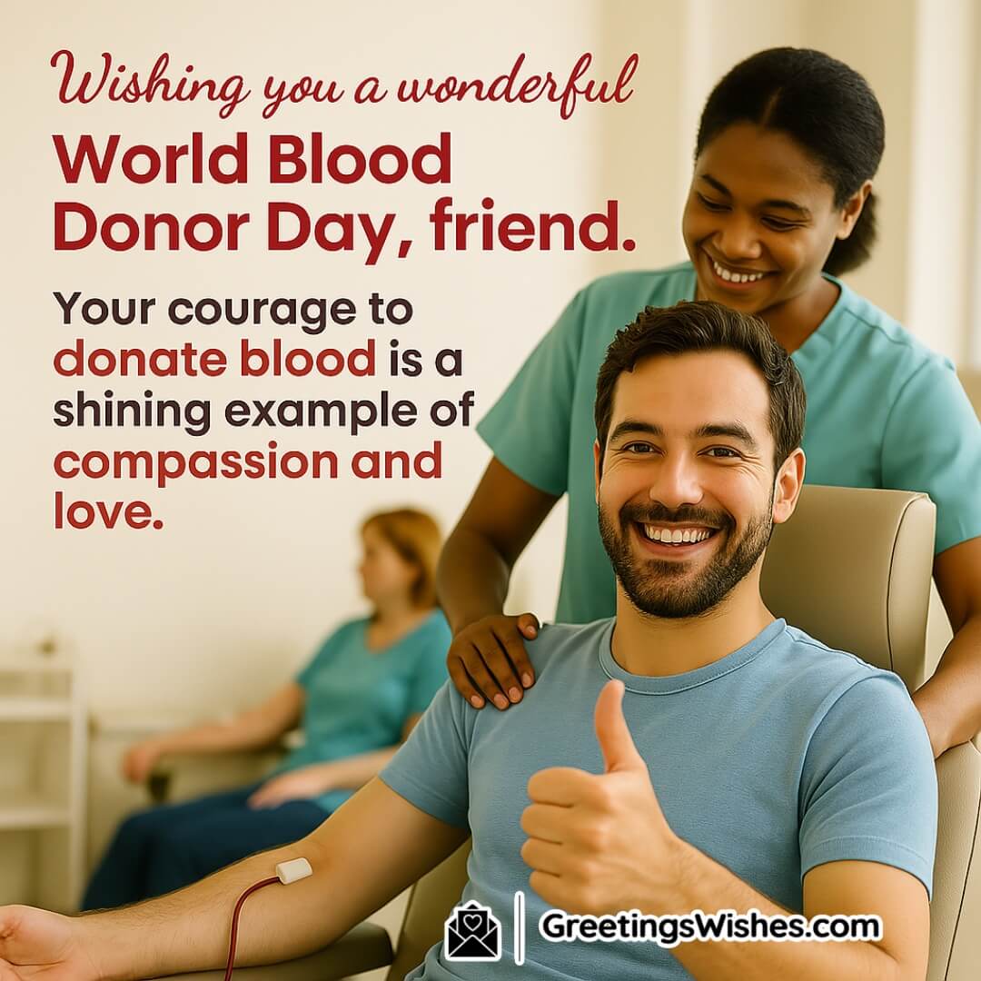 World Blood Donor Day poster showing a smiling donor after giving blood, with bold, side-aligned text symbolizing courage, kindness, and gratitude.
