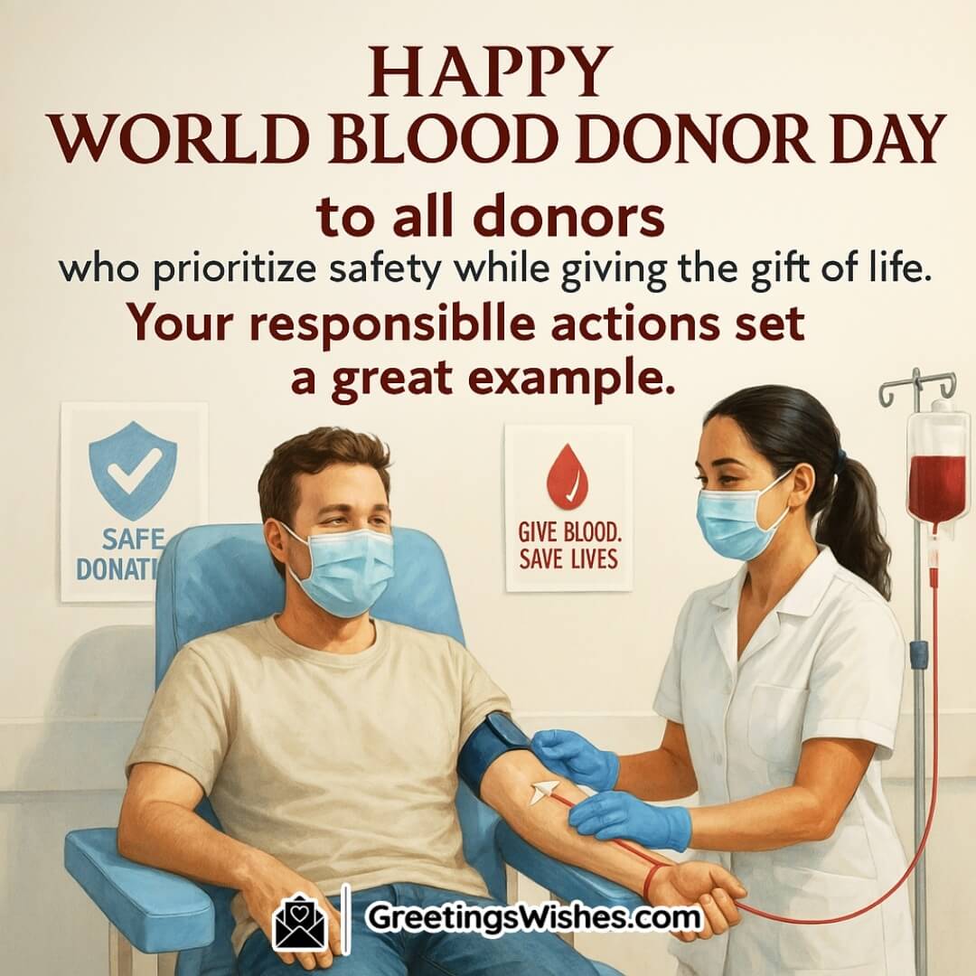 World Blood Donor Day poster showing a responsible donor in a safe, clean setting, with clearly separated bold text symbolizing safety and inspiration.