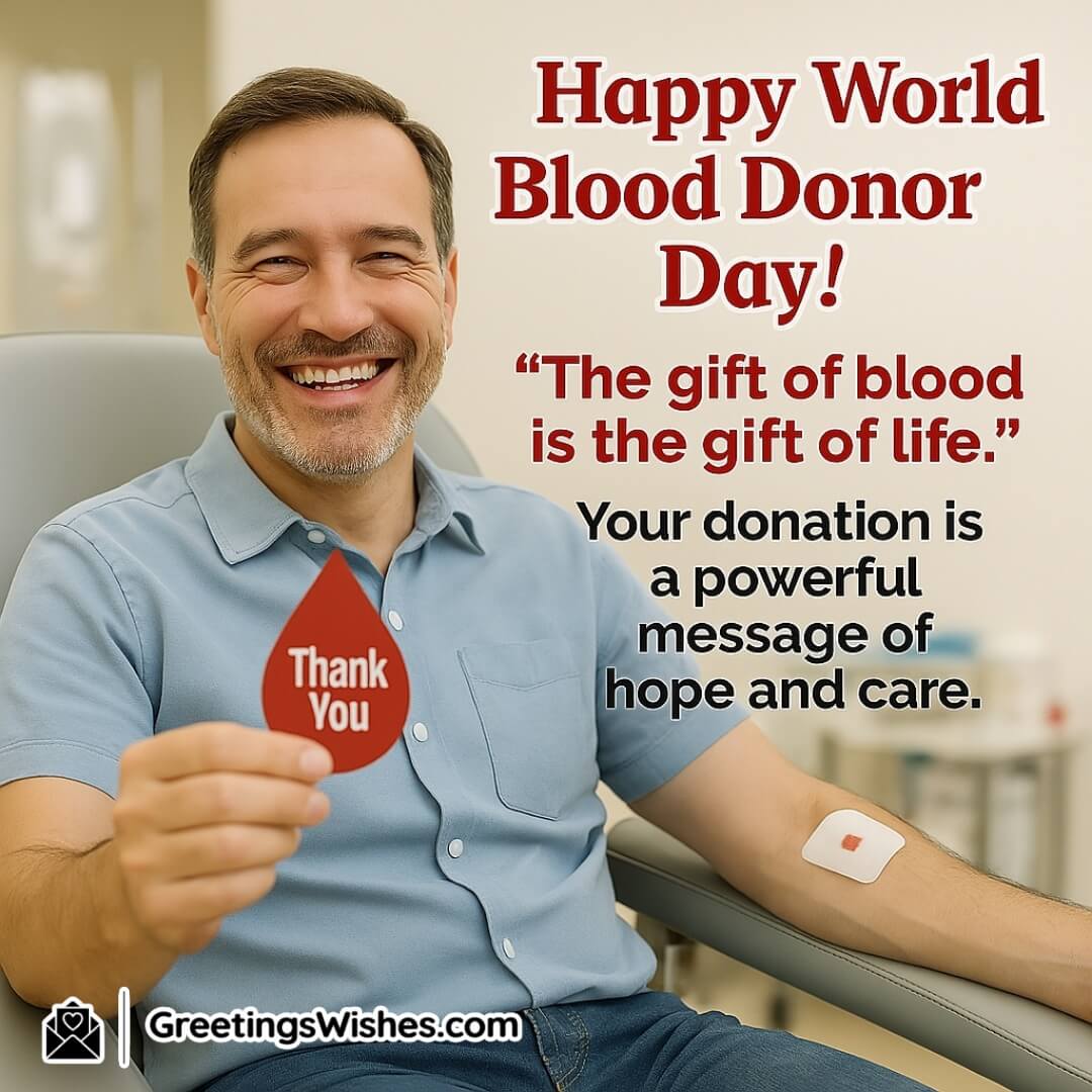 World Blood Donor Day poster showing a cheerful donor post-donation, with clear text beside symbolizing hope, care, and the life-giving value of blood donation.