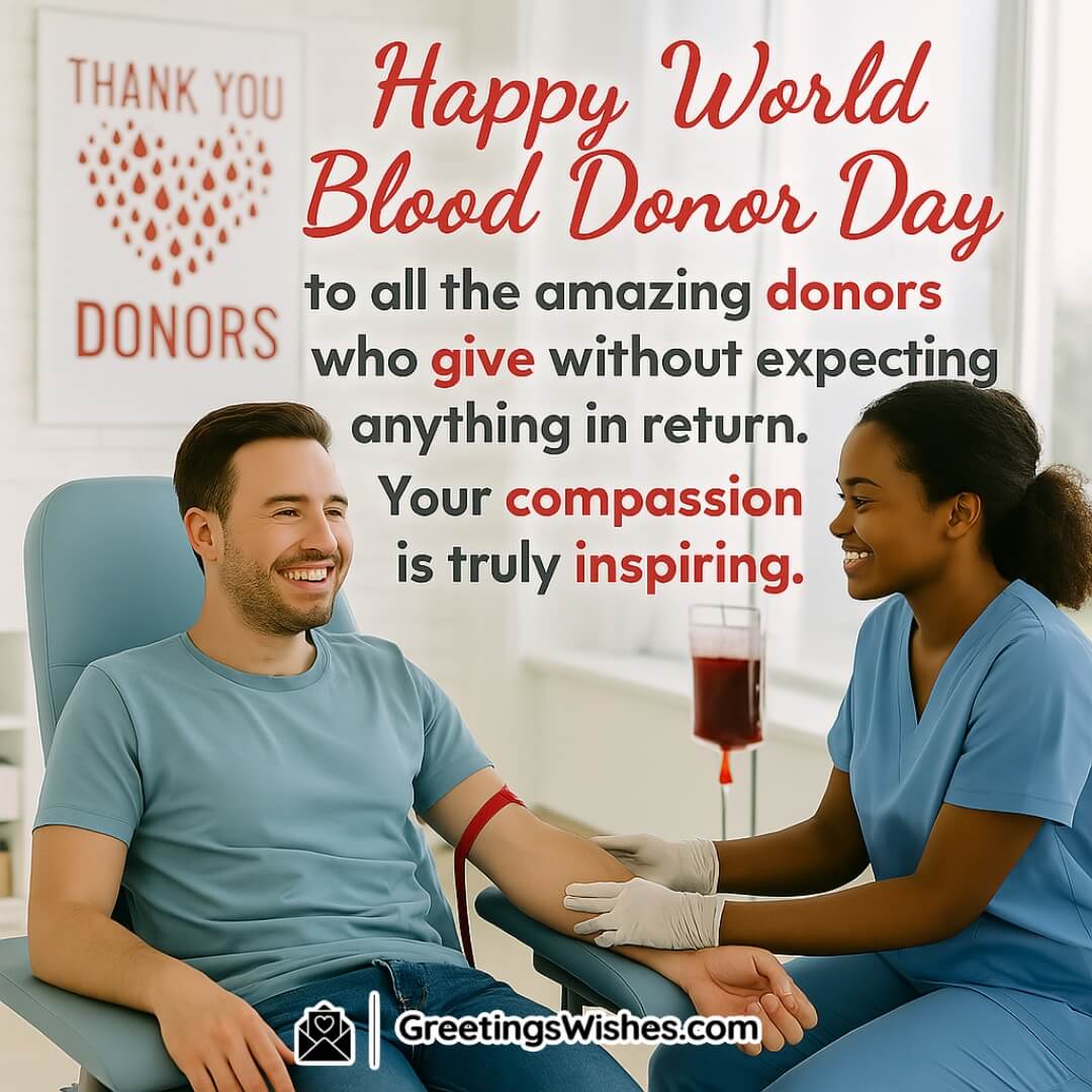 World Blood Donor Day poster featuring a cheerful blood donor and nurse in a donation center, symbolizing gratitude and the life-saving power of voluntary donation.