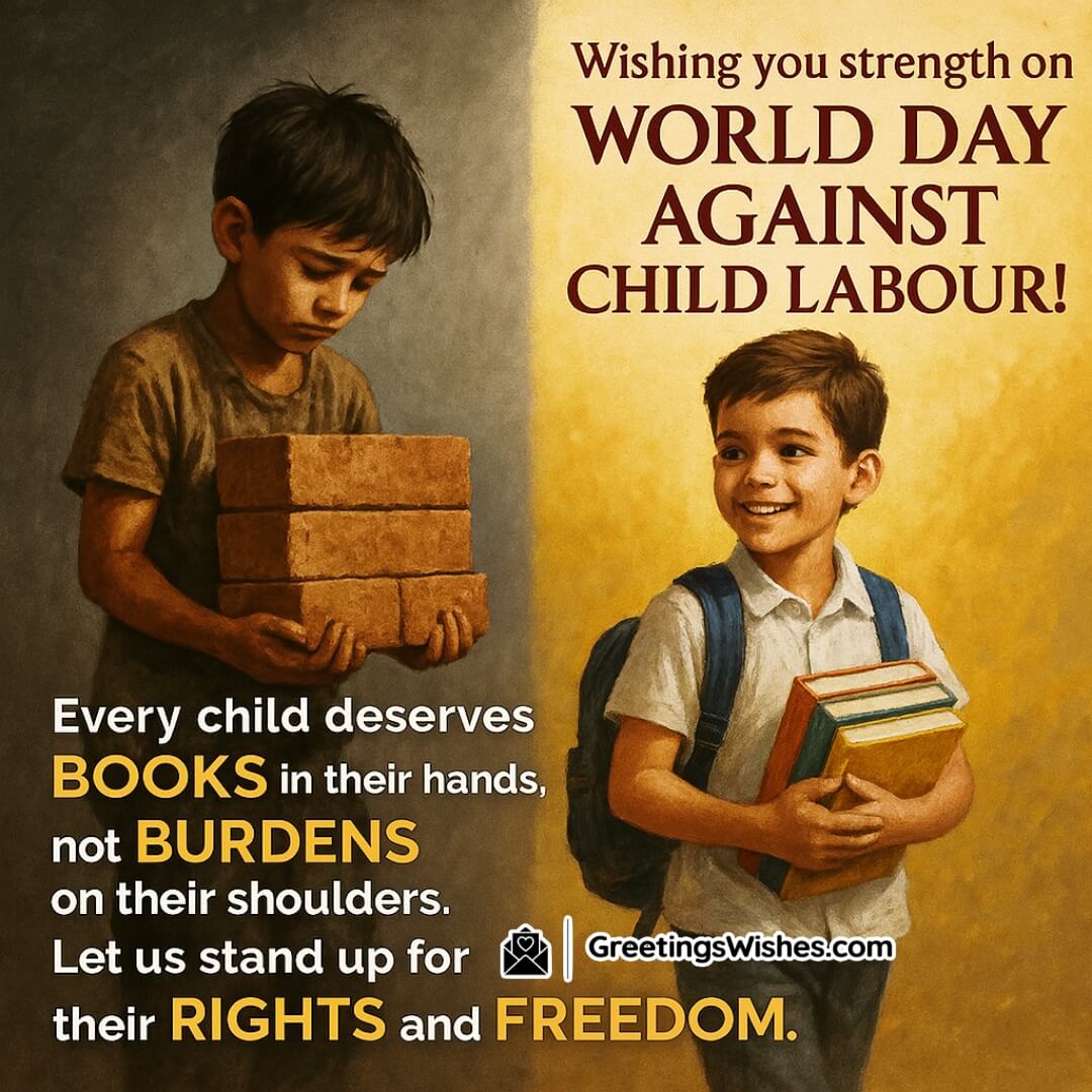 World Day Against Child Labour image showing contrast between a child doing hard labour and another going to school, symbolizing the fight for every child’s right to education and freedom.