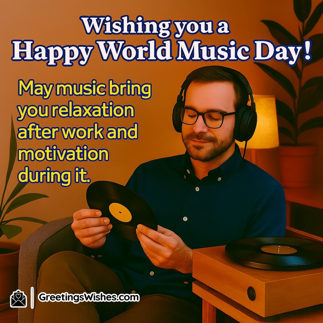 World Music Day with a relaxed adult listening to music after work — symbolizing peace, renewal, and daily inspiration through sound.