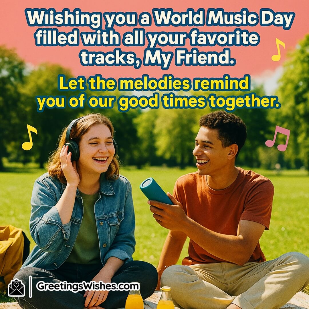 World Music Day with two friends enjoying music outdoors — symbolizing friendship, joy, and shared memories through music.