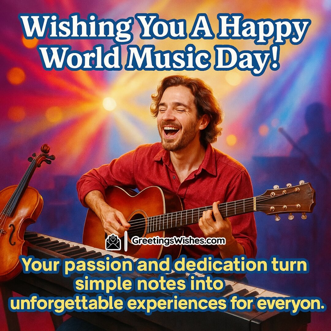 World Music Day with a passionate musician in a vibrant setting, surrounded by instruments symbolizing the power of dedication and musical expression.