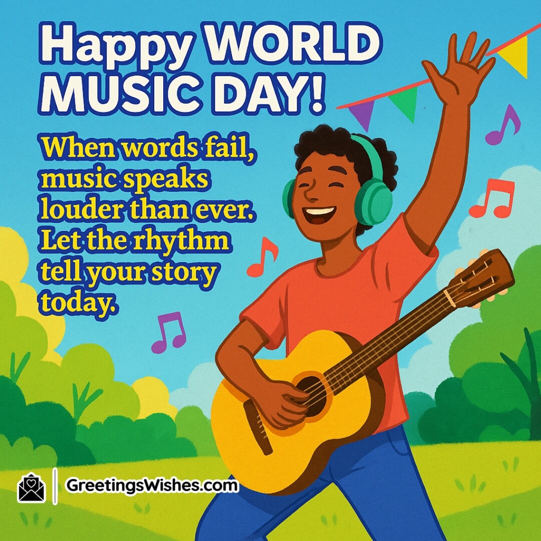 World Music Day with a cheerful young person enjoying music outdoors — symbolizing joy, rhythm, and the power of music to express emotions.