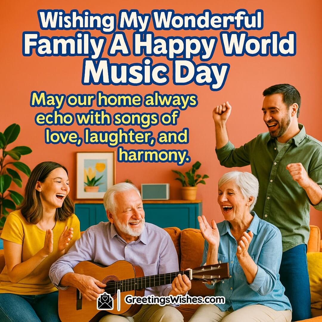 World Music Day with a joyful family enjoying music together in a cheerful setting — symbolizing harmony, love, and musical togetherness.